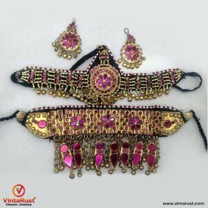 Golden Tone Handmade Tribal Women Jewelry Set, Necklace with Head Piece  Earring